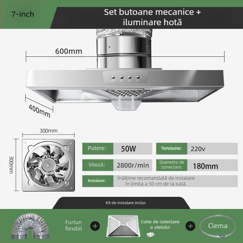 Ventilator de evacuare a fumului din bucătărie, din oțel inoxidabil, cu conductă presurizată și aspirație puternică