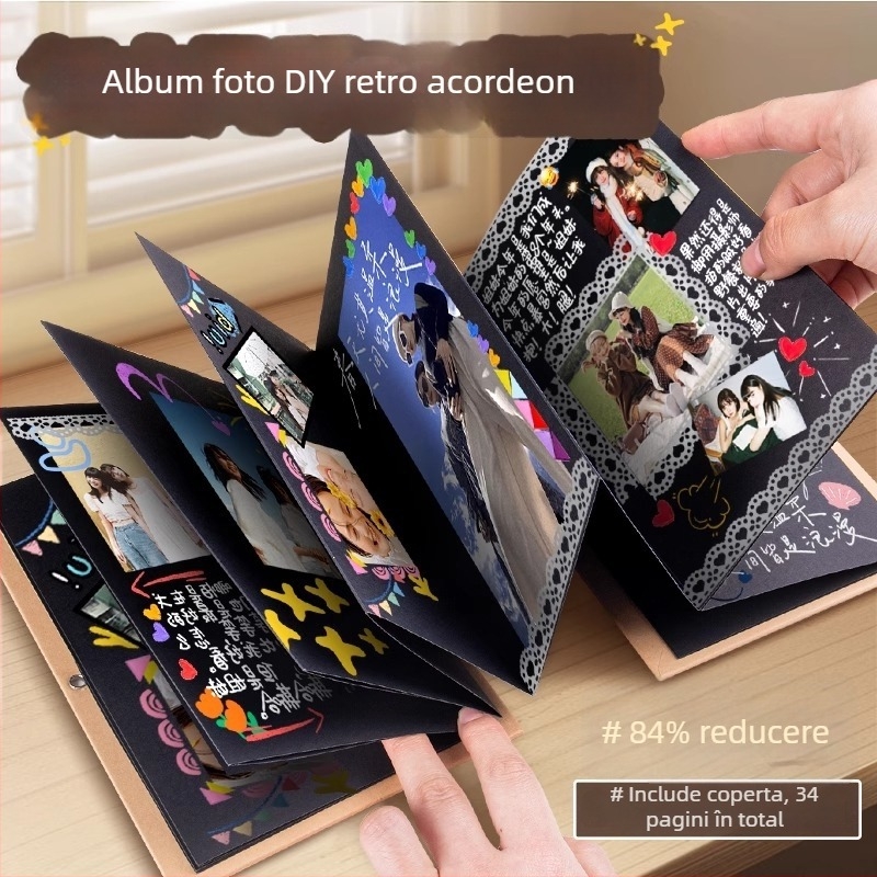 Carte pop-up cu acordeon, handmade DIY, album foto amintiri pliabil pentru cupluri și prietene, cadou creativ, 52 de pagini