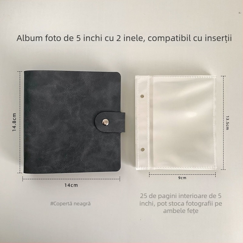 Album foto din piele PU, cu două găuri, culoare solidă, inserții pentru plicuri de 3 și 5 inch, capacitate mare de stocare a fotografiilor