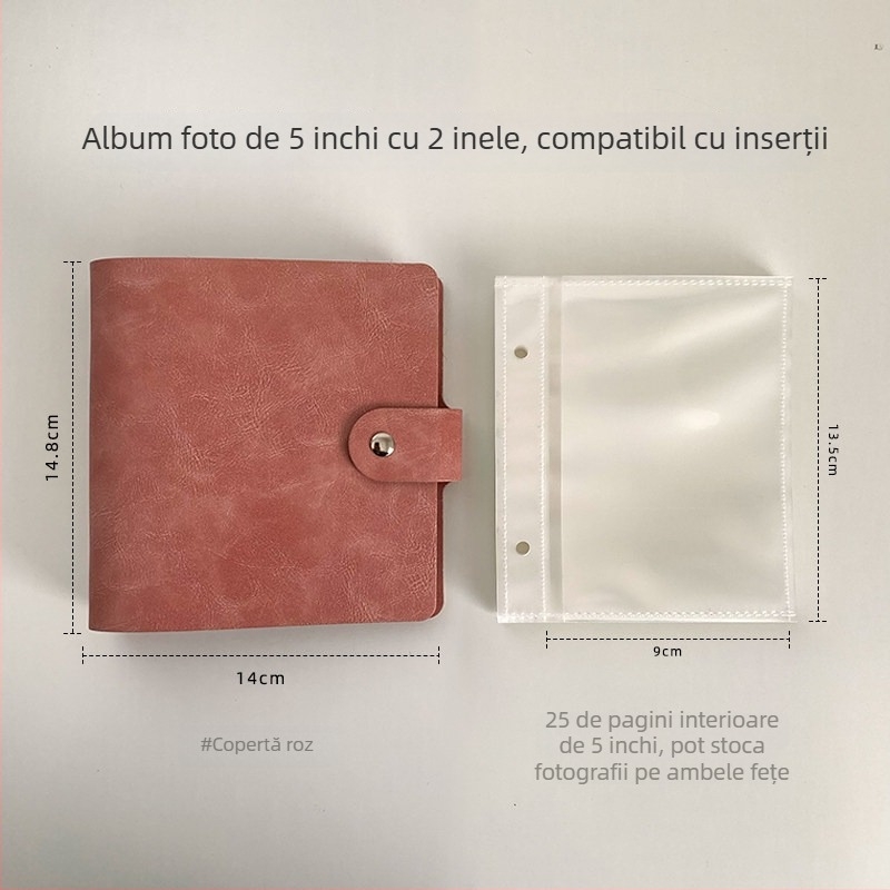 Album foto din piele PU, cu două găuri, culoare solidă, inserții pentru plicuri de 3 și 5 inch, capacitate mare de stocare a fotografiilor