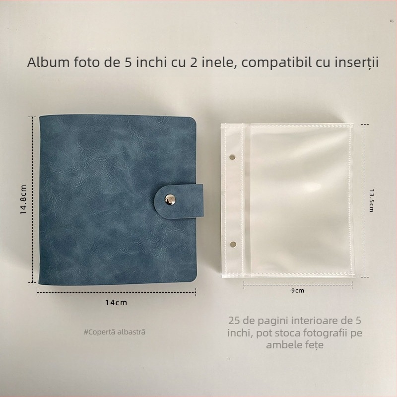 Album foto din piele PU, cu două găuri, culoare solidă, inserții pentru plicuri de 3 și 5 inch, capacitate mare de stocare a fotografiilor