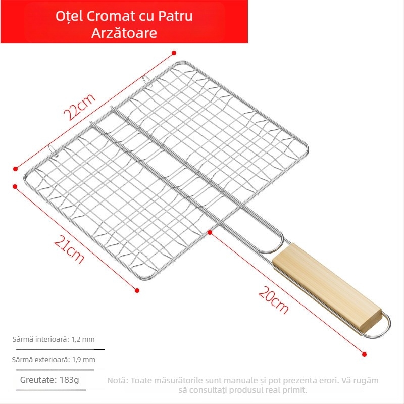 Clip de grătar dublu din oțel inoxidabil pentru pește și carne – grătar exterior cu cărbuni, încăpător pentru patru burgeri
