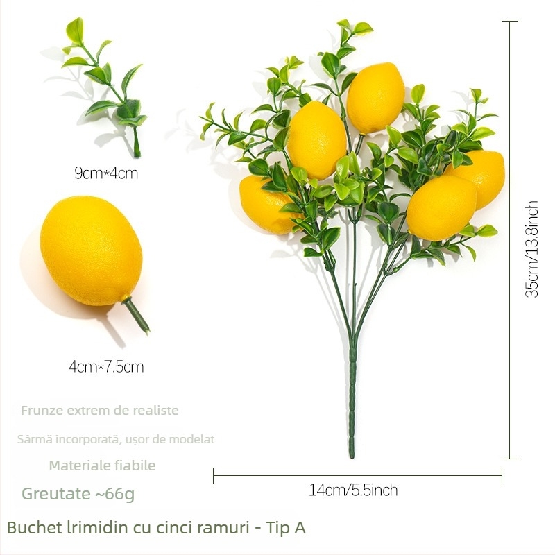 Ramură de lămâie artificială pentru decor, buchet de lămâi din spumă, plantă verde decorativă pentru casă și birou