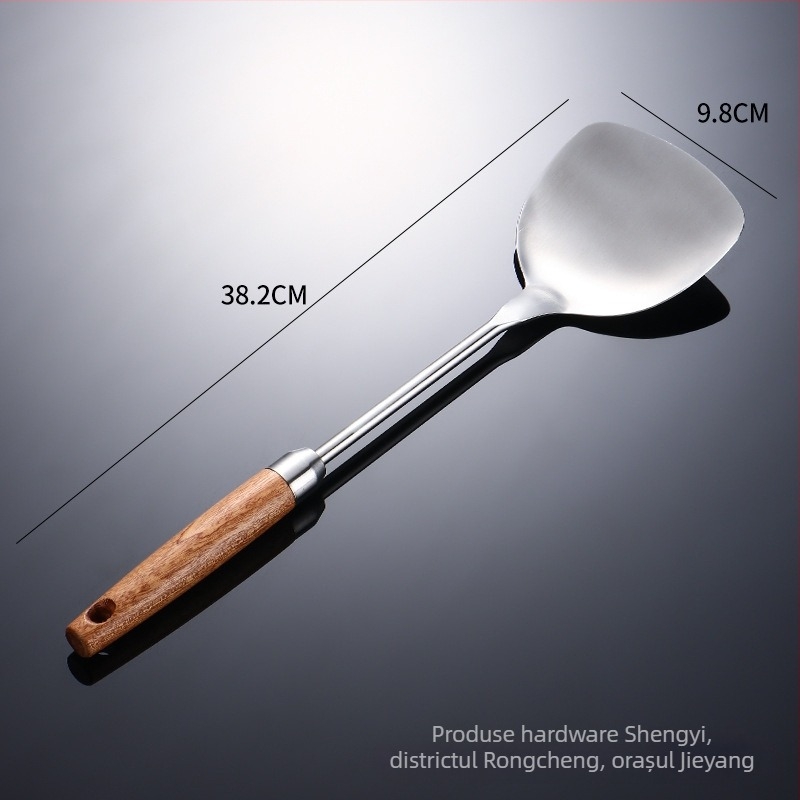 Set spatule din oțel inoxidabil 304 cu mânere din lemn Sapeli; include spatulă, lingură cu găuri, strecurător și întoarcător pentru clătite
