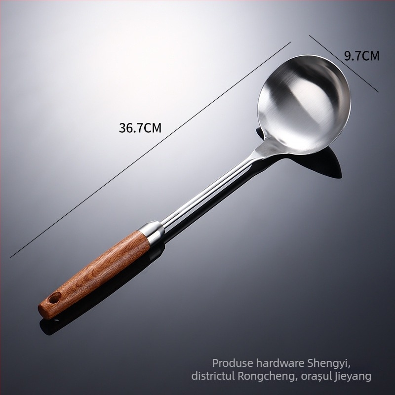 Set spatule din oțel inoxidabil 304 cu mânere din lemn Sapeli; include spatulă, lingură cu găuri, strecurător și întoarcător pentru clătite