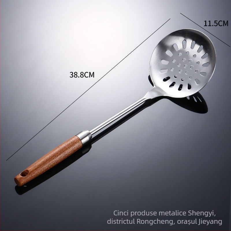 Set spatule din oțel inoxidabil 304 cu mânere din lemn Sapeli; include spatulă, lingură cu găuri, strecurător și întoarcător pentru clătite