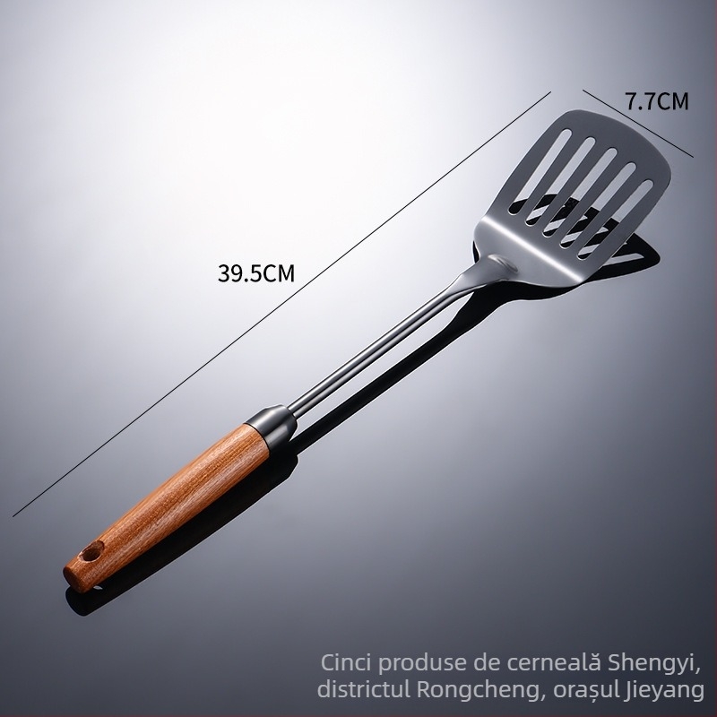 Set spatule din oțel inoxidabil 304 cu mânere din lemn Sapeli; include spatulă, lingură cu găuri, strecurător și întoarcător pentru clătite