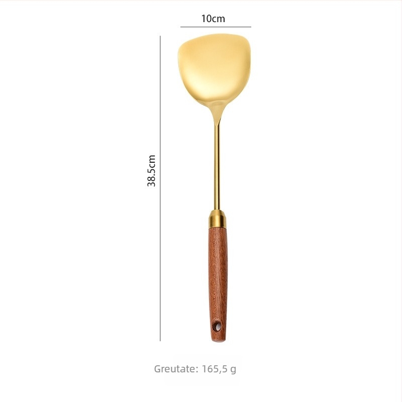Set spatule din oțel inoxidabil 304 cu mânere din lemn Sapeli; include spatulă, lingură cu găuri, strecurător și întoarcător pentru clătite