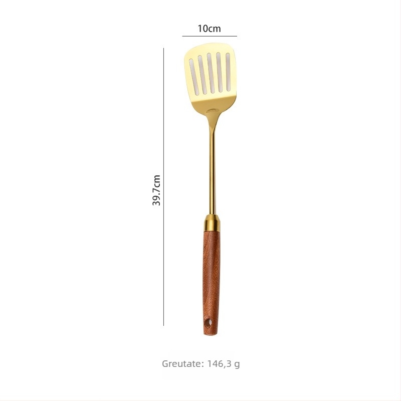 Set spatule din oțel inoxidabil 304 cu mânere din lemn Sapeli; include spatulă, lingură cu găuri, strecurător și întoarcător pentru clătite