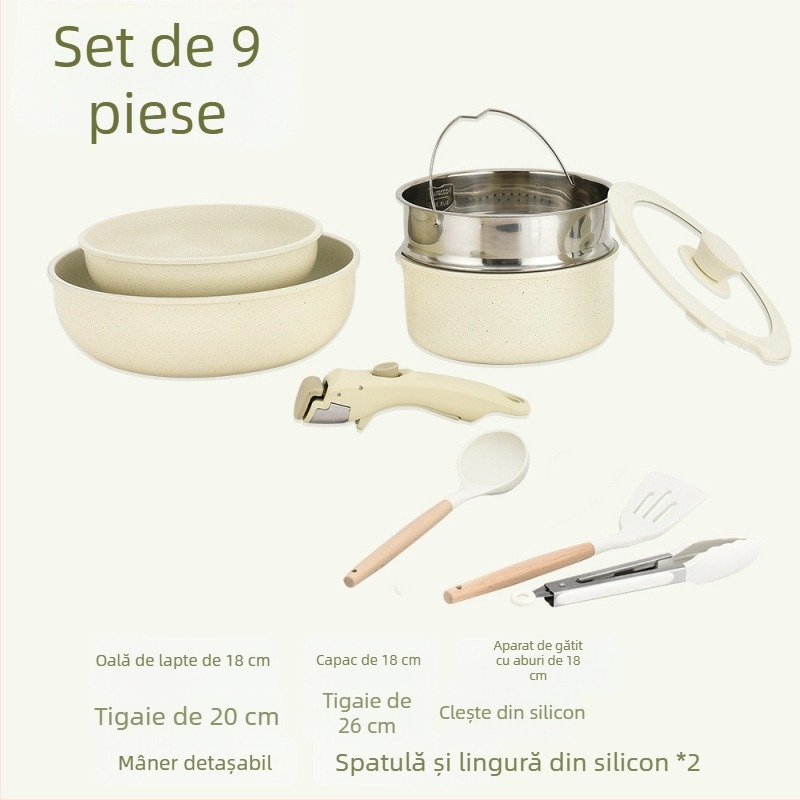 Set de 6 oale cu mâner detașabil – vase antiaderente din aluminiu pentru casă și camping