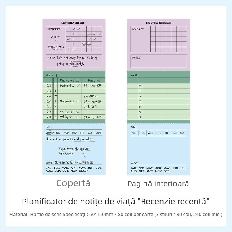 PaperMore caiet de scris — Seria Eseuri de Viață, hârtie minimalistă pentru planificare memo, cu foi ce se rup, în stil Insta
