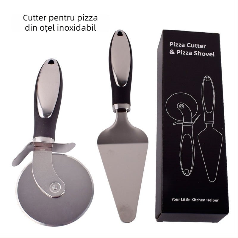 Set din oțel inoxidabil pentru pizza: tăietor cu roată rotativă și spatulă, două piese