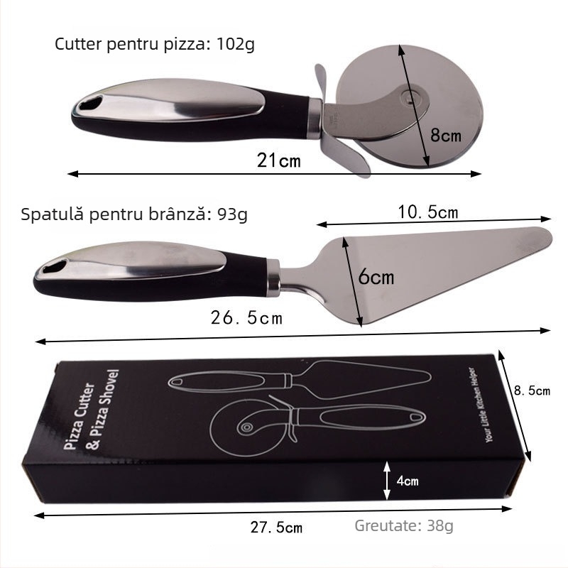 Set din oțel inoxidabil pentru pizza: tăietor cu roată rotativă și spatulă, două piese