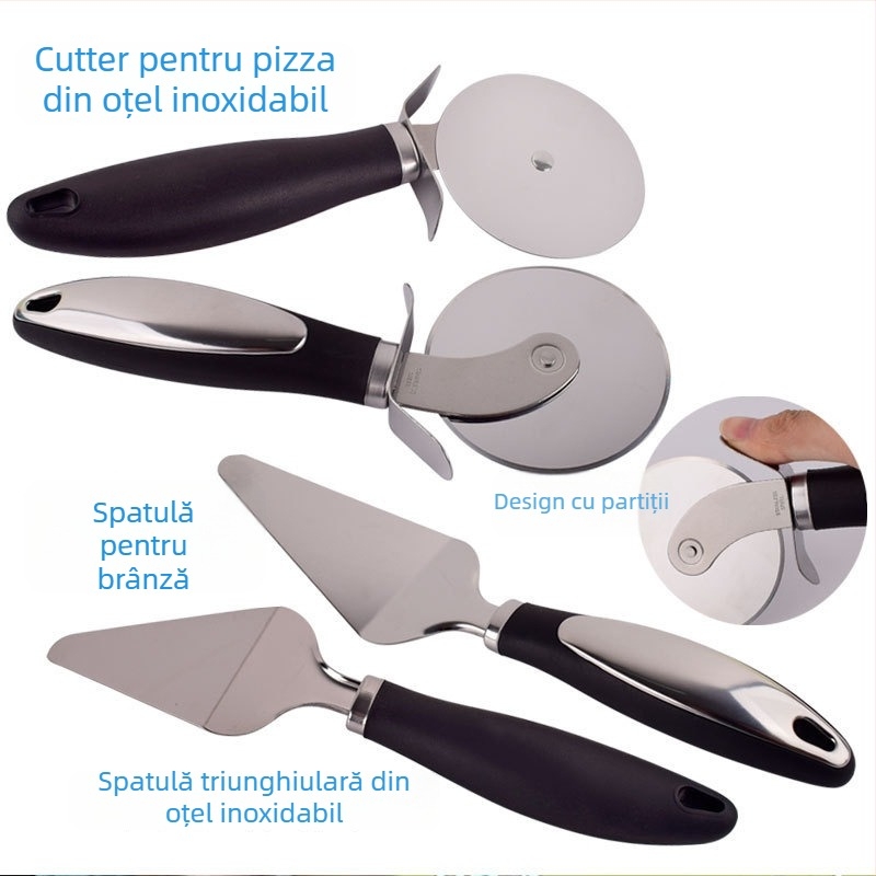 Set din oțel inoxidabil pentru pizza: tăietor cu roată rotativă și spatulă, două piese