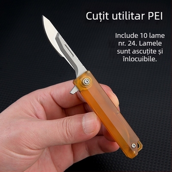 Cuțit mini utilitar cu mâner PEI, culoare chihlimbar, lamă înlocuibilă, breloc pentru chei, deschizător de cutii