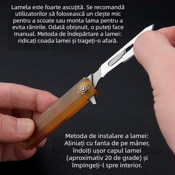 Cuțit mini utilitar cu mâner PEI, culoare chihlimbar, lamă înlocuibilă, breloc pentru chei, deschizător de cutii