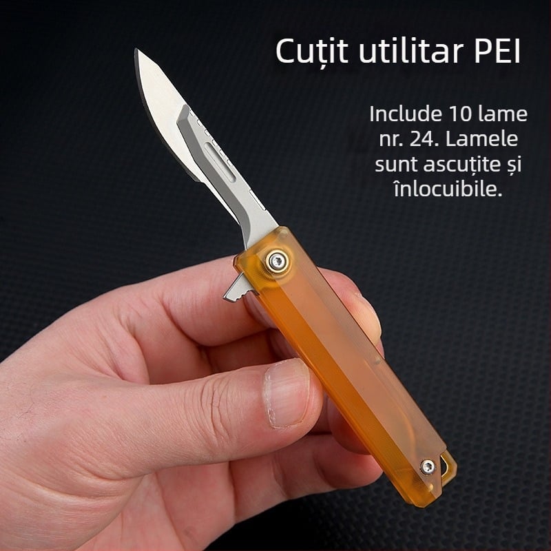 Cuțit mini utilitar cu mâner PEI, culoare chihlimbar, lamă înlocuibilă, breloc pentru chei, deschizător de cutii