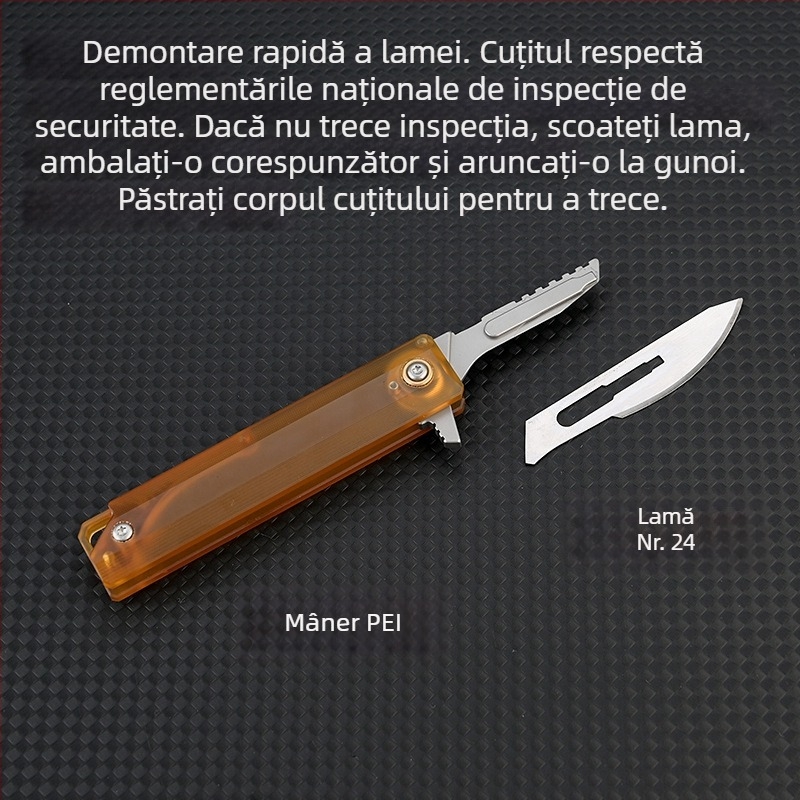 Cuțit mini utilitar cu mâner PEI, culoare chihlimbar, lamă înlocuibilă, breloc pentru chei, deschizător de cutii