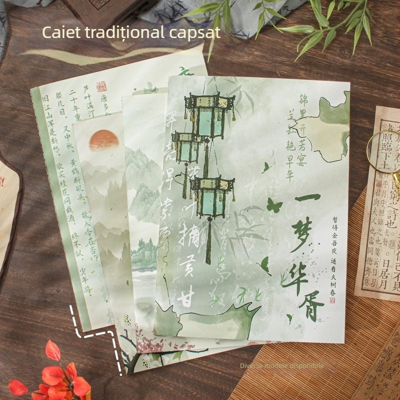 Caiet B5 în stil retro chinezesc, linii orizontale, copertă moale, legare prin cusătură