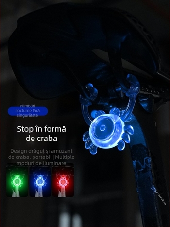 Lampă posterioară pentru bicicletă, design crab creativ, pentru plimbări nocturne, impermeabilă, baterie cu durată lungă, pentru biciclete de munte și de oraș