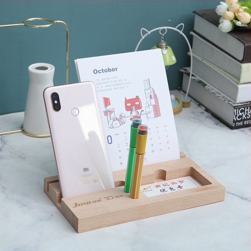 Bază de calendar din lemn pentru birou cu suport pentru carduri și notițe, suport pentru telefon din lemn masiv, papetărie de birou creativă
