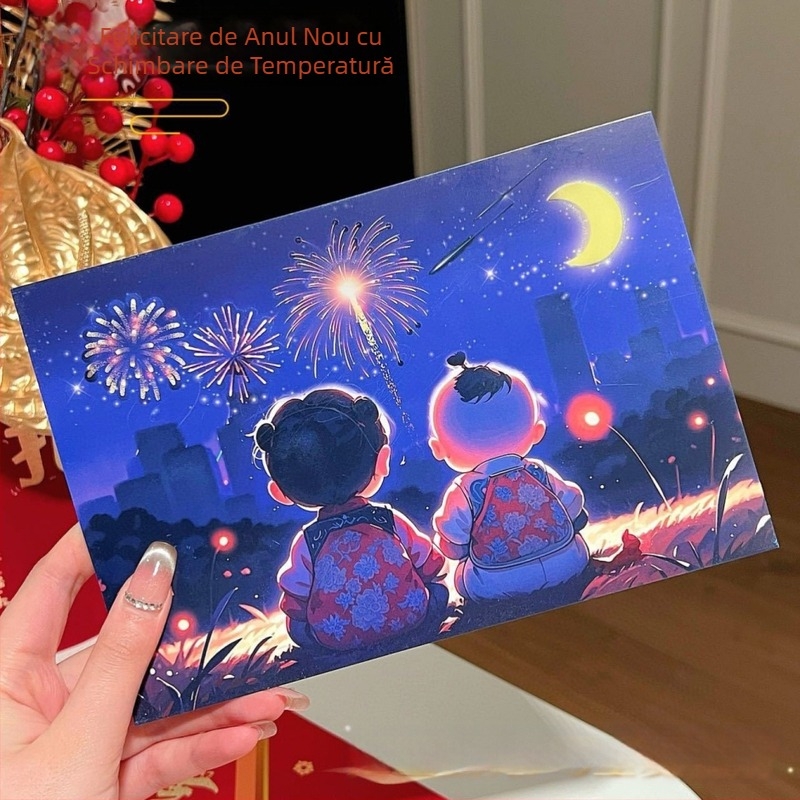 Felicitare termocromică pentru Anul Nou, cu urări personalizate pentru prieteni, include plic