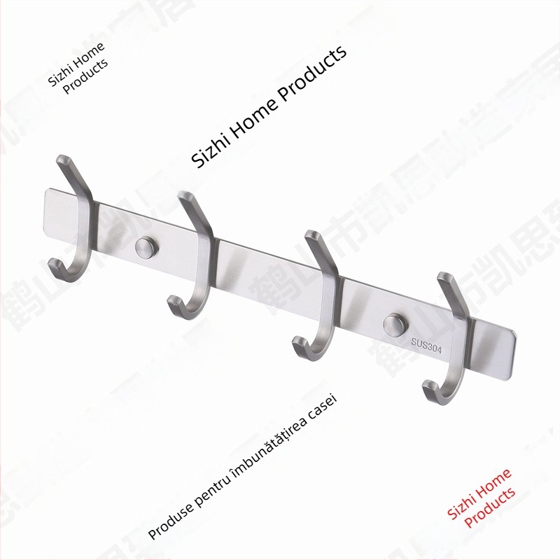 Cuier pentru haine din oțel inoxidabil 304, șir de 4 cârlige, design minimalist, finisaj periat, cu găuri de montaj pentru baie