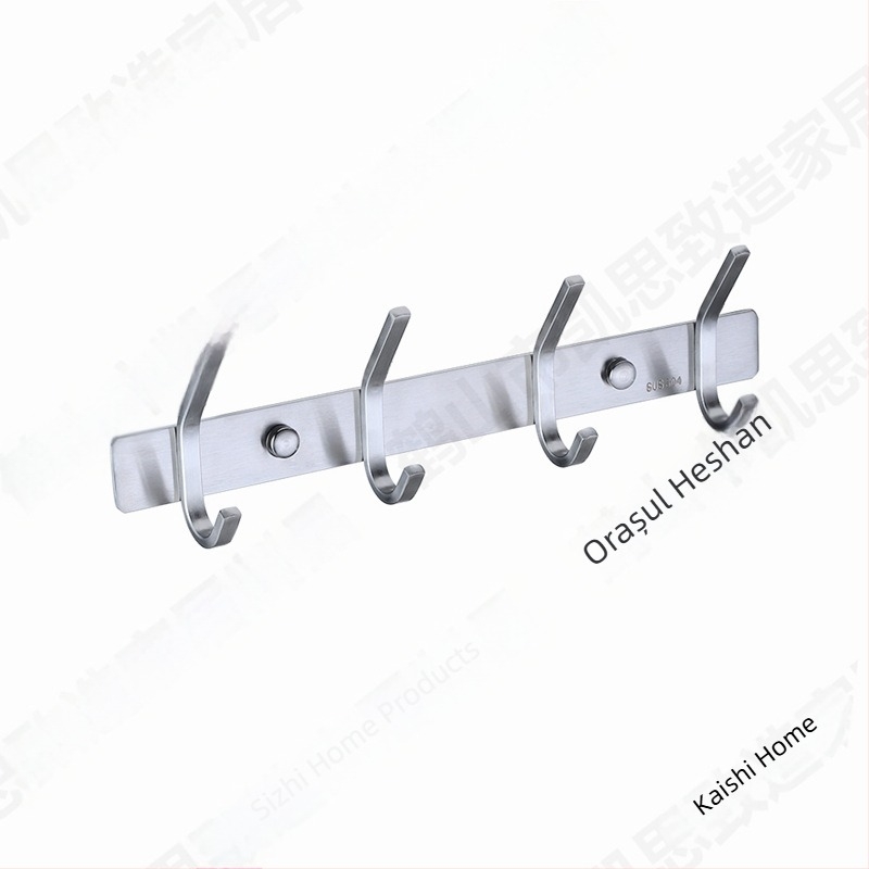 Cuier pentru haine din oțel inoxidabil 304, șir de 4 cârlige, design minimalist, finisaj periat, cu găuri de montaj pentru baie