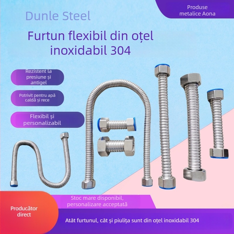 Conductă flexibilă din oțel inoxidabil 304, conexiune scurtă pentru intrare/ieșire apă caldă/rece pentru sistem solar, furtun metal flexibil, rezistent la explozii