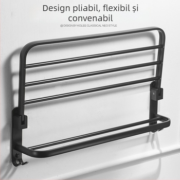 Raft de prosoape din aluminiu spațial, negru, pentru baie, montaj pe perete cu cârlig