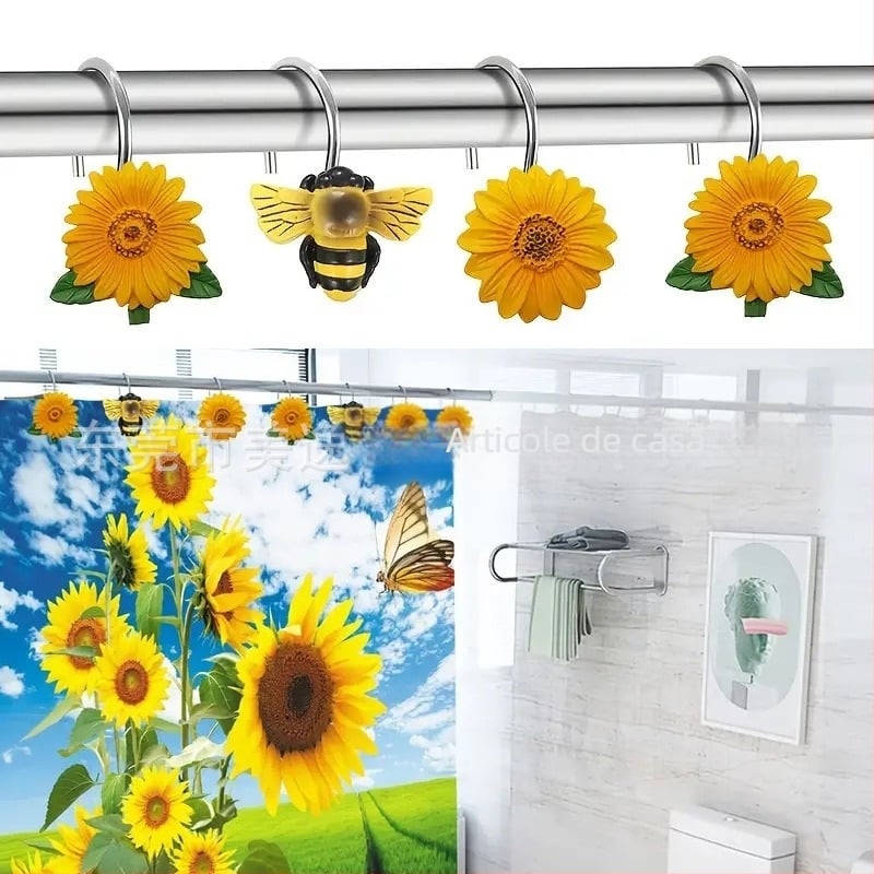 Cârlige pentru perdea de duș din rășină, cu design albină și floarea-soarelui, set 12 buc.