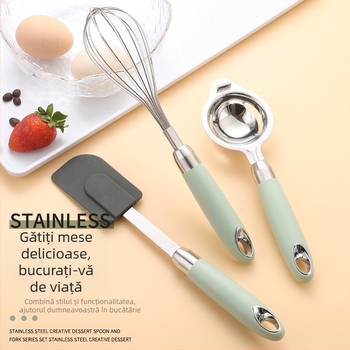 Set de patru unelte pentru cofetărie din oțel inoxidabil 304: tel pentru ouă manual, separator de albușuri, spatulă din silicon