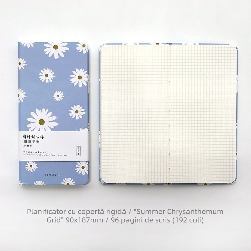 Carnet cu grilă pentru planificare săptămânală, jurnal nostalgic în stil retro, cu motiv pisică și floare de cireș
