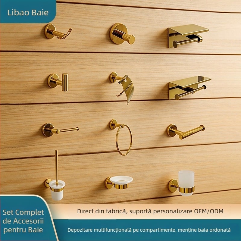 Set de accesorii de baie în stil european din oțel inoxidabil 304, suport pentru șervețele, suport de depozitare și cuier de prosoape în auriu