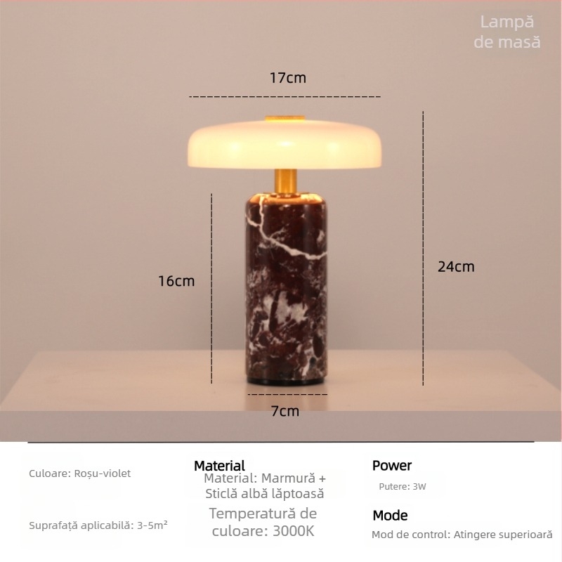 Trip Carrara lampă de masă portabilă, reîncărcabilă, lampă ambientală din marmură în stil nordic pentru living și dormitor.