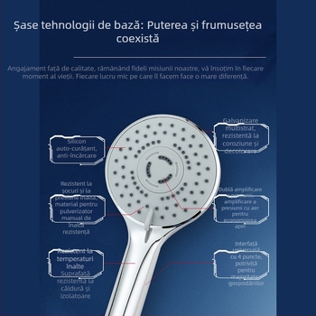 Set cap de duș cu presiune, furtun și suport, fără găurire, cap de duș rotund, ABS, montaj propriu, design modern minimalist