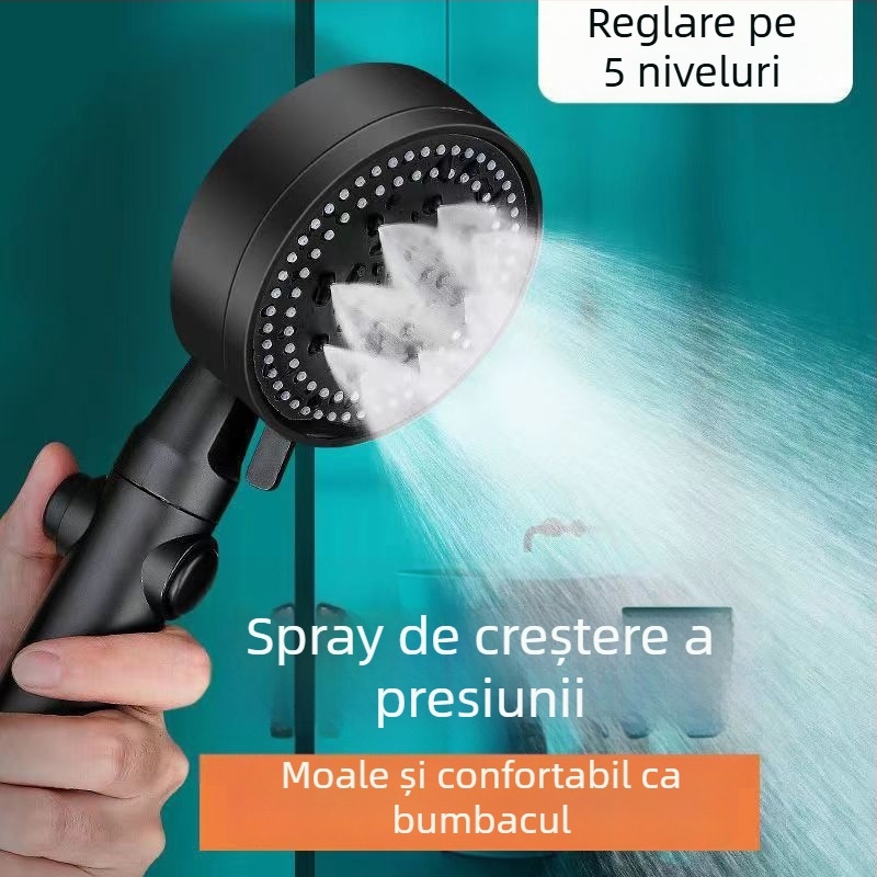 Cap de duș negru cu cinci viteze, jet de ploaie, set de duș cu montaj pe perete, întrerupere a apei cu un singur buton