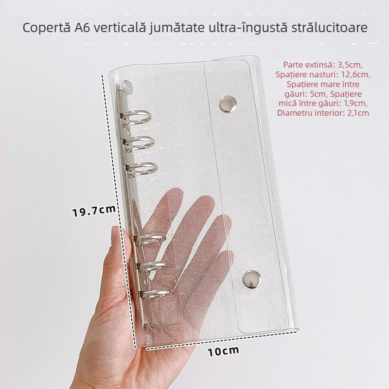 Husă A6 subțire cu foi detașabile, închidere dublă, album de carduri cu glitter transparent și planner cu patru secțiuni