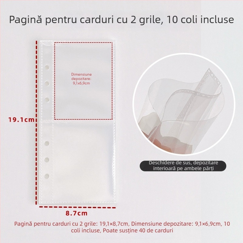 Husă A6 subțire cu foi detașabile, închidere dublă, album de carduri cu glitter transparent și planner cu patru secțiuni