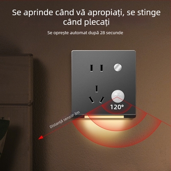 Panou întrerupător cu senzor de mișcare, Tip 86, pentru hol casnic, montaj încastrat, 1 întrerupător cu cinci porturi USB și iluminare la podea