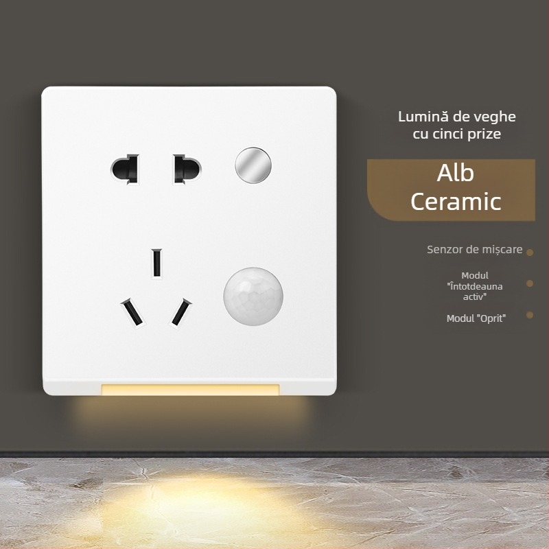 Panou întrerupător cu senzor de mișcare, Tip 86, pentru hol casnic, montaj încastrat, 1 întrerupător cu cinci porturi USB și iluminare la podea