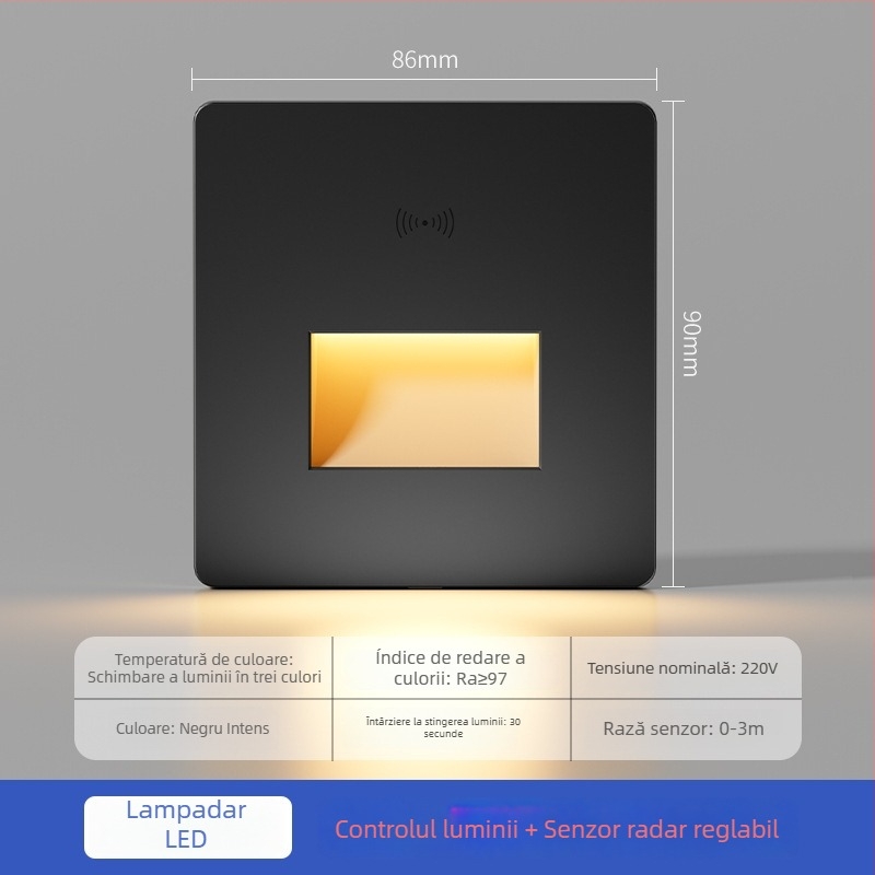 Lumină pentru podea cu senzor radar, tip 86, iluminare încastrată pentru trepte, lampă LED de noapte pentru hol