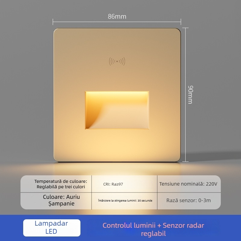 Lumină pentru podea cu senzor radar, tip 86, iluminare încastrată pentru trepte, lampă LED de noapte pentru hol