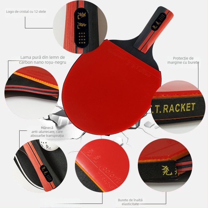 Rachete de tenis de masă pentru adulți, nivel profesional; priză dreaptă și Shakehand; set de antrenament cu rachete duble și rachetă unică cu elasticitate înaltă