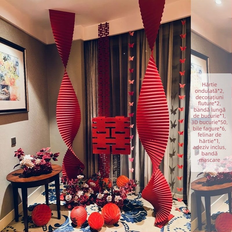 Set de decor pentru camera de nuntă într-un nou cămin – sufragerie, halat de mireasă pentru fotografii, panglici lungi cu simbolul Dublă Fericire și felinare