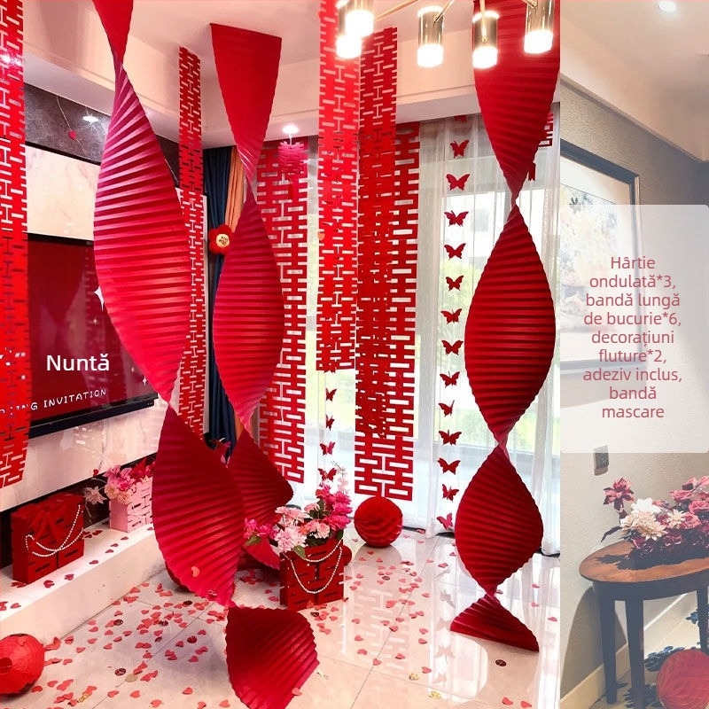 Set de decor pentru camera de nuntă într-un nou cămin – sufragerie, halat de mireasă pentru fotografii, panglici lungi cu simbolul Dublă Fericire și felinare