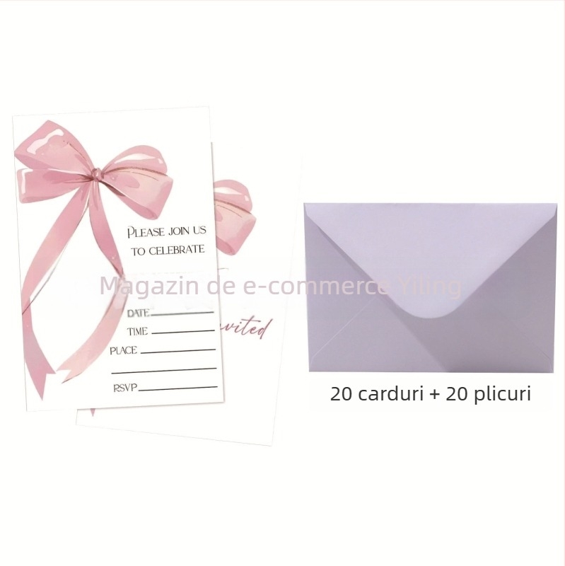 Invitație roz cu funda pentru petrecerea de ziua fetei, cu plic