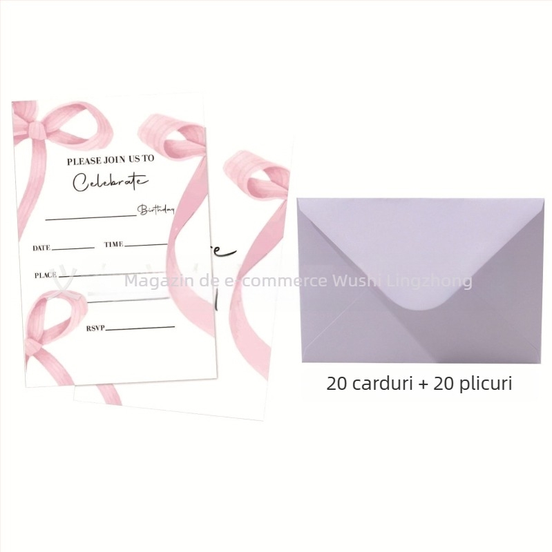 Invitație roz cu funda pentru petrecerea de ziua fetei, cu plic