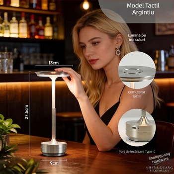 Lampă de masă LED cu atingere, în formă de UFO, reîncărcabilă, pentru hoteluri, restaurante, dormitoare și spații în aer liber