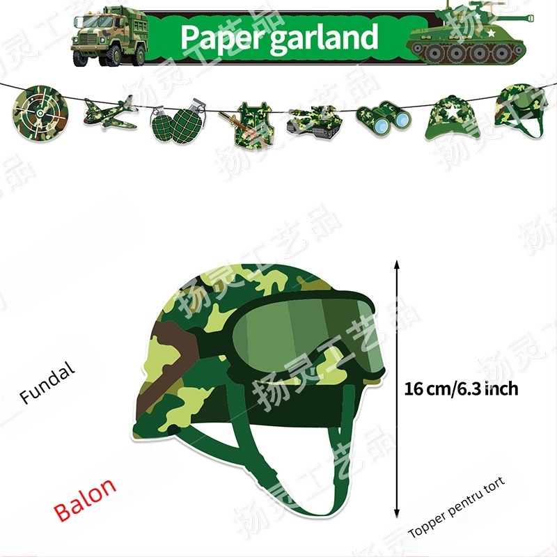 Temă militară camuflaj pentru ziua de naștere a unui băiat – decorațiuni cu stegulețe pentru tort și baloane